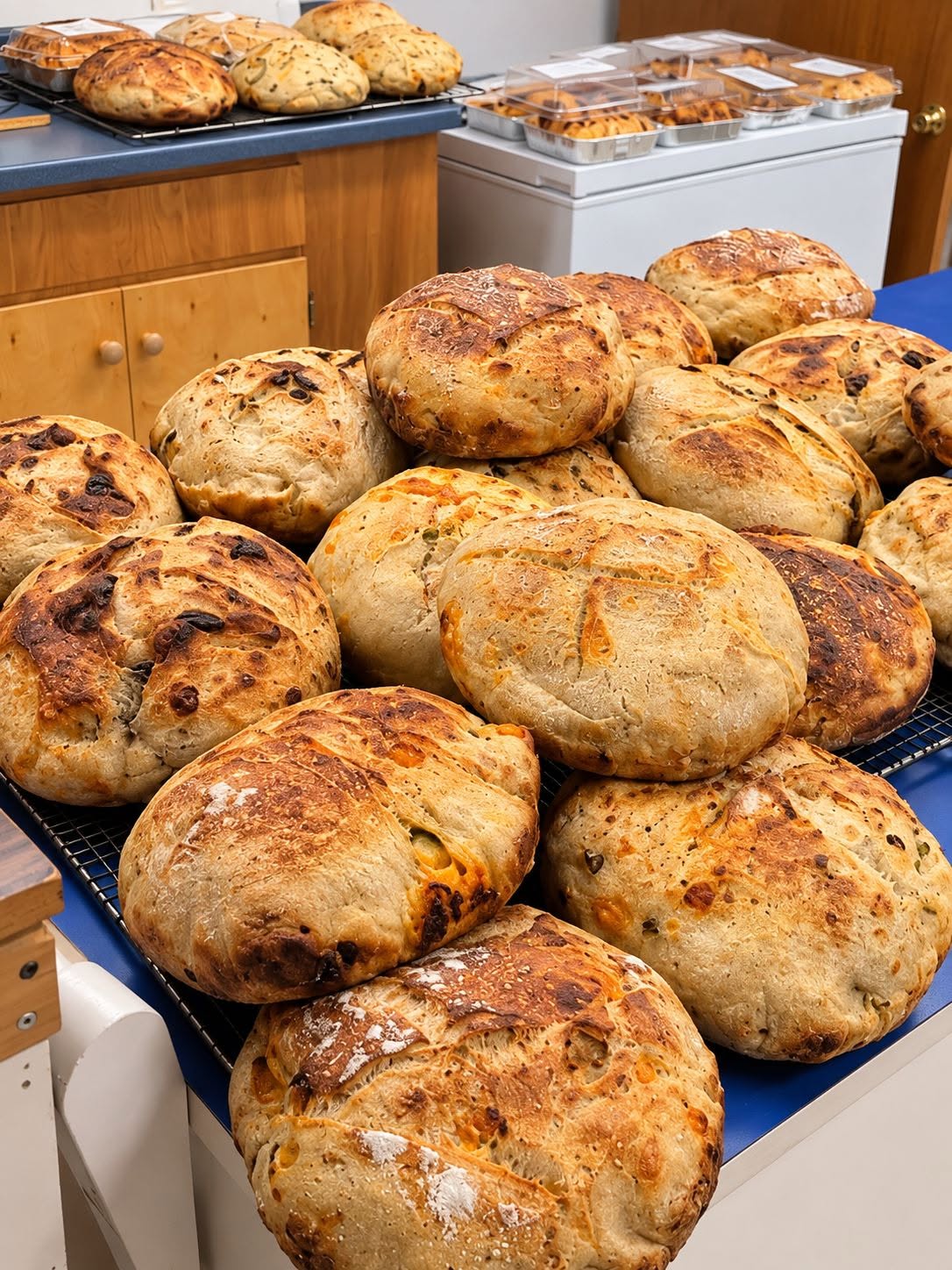 Rustic sourdough loaves stacked on cooling racks